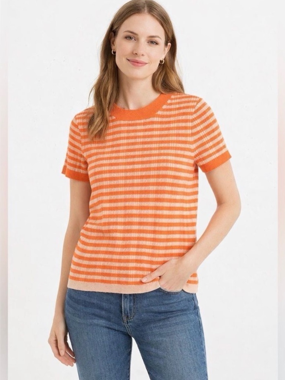 Madewell— Striped Short-Sleeve Crewneck sweater shirt in Orange and Cream- SMALL